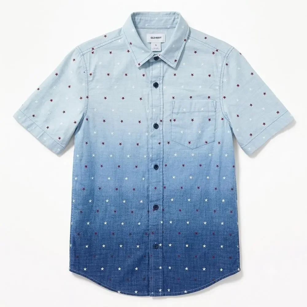 Old Navy Soft Washed Americana Star Print Shirt Blue Short Sleeve Boys Medium